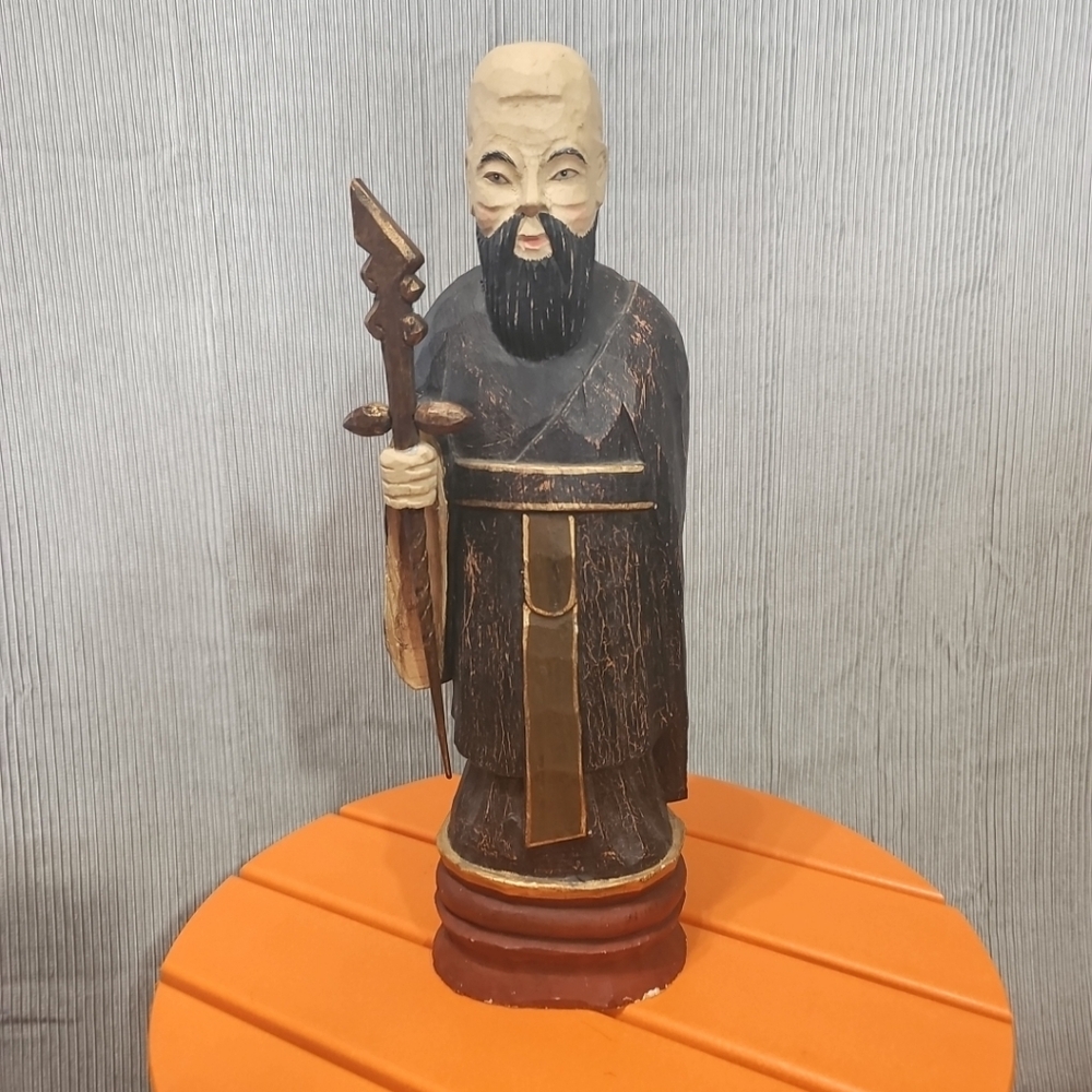 James Haddon‎ Signed  Artwork Asian Monk Hand Carved Wood Folk Art 18”Tall LARGE